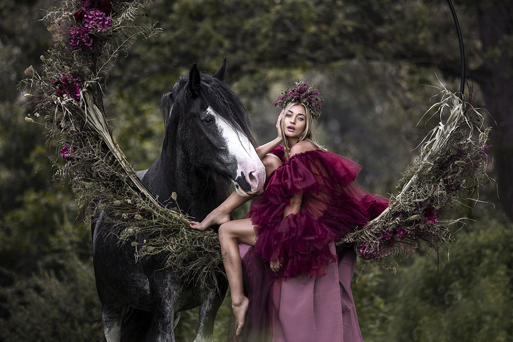 Pferdefotografie mit einem Shire Horse und einer Frau in einem bordeauxfarbenem Kleid im Blumenring bei einem Pferdeshooting in NRW, entstanden bei einem Portfoliotag von Severina Roth Fotografie, von Vivien Schust Photography
