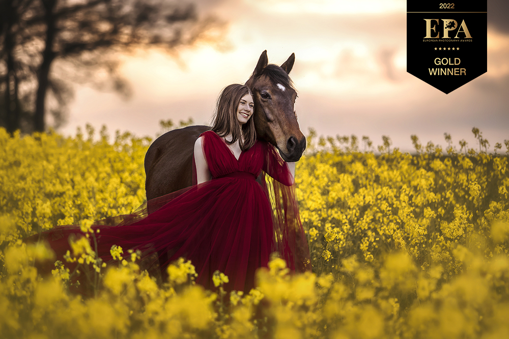 Dieses Bild zeigt eine Frau mit ihrem Pferd im Raps im Sonnenuntergang, welches beim European Photography Awards 2022 mehrfach mit dem Titel Gold Winner ausgezeichnet wurde